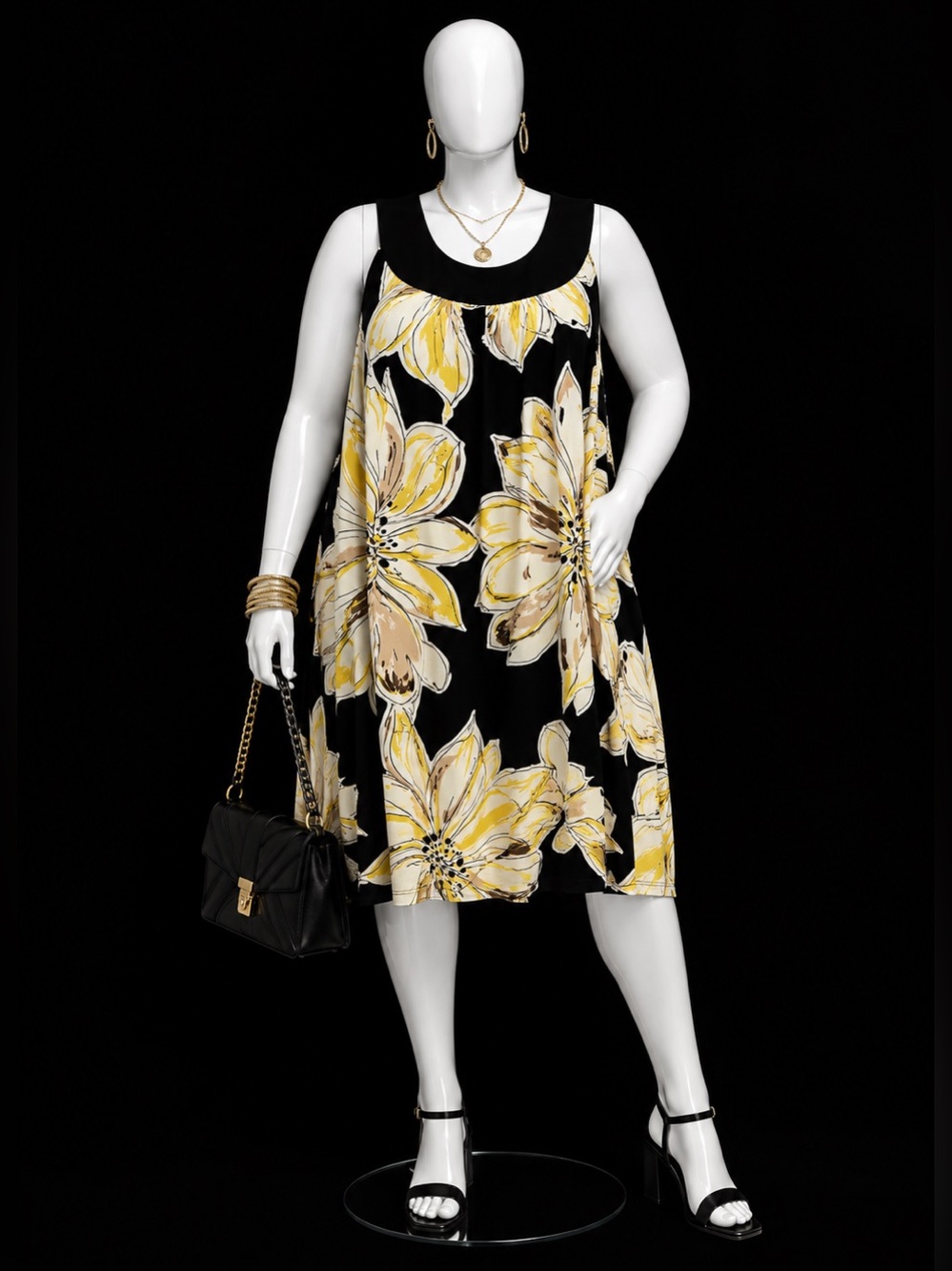 Enfocus Studio Black White Yellow Floral Scoop Neck dress